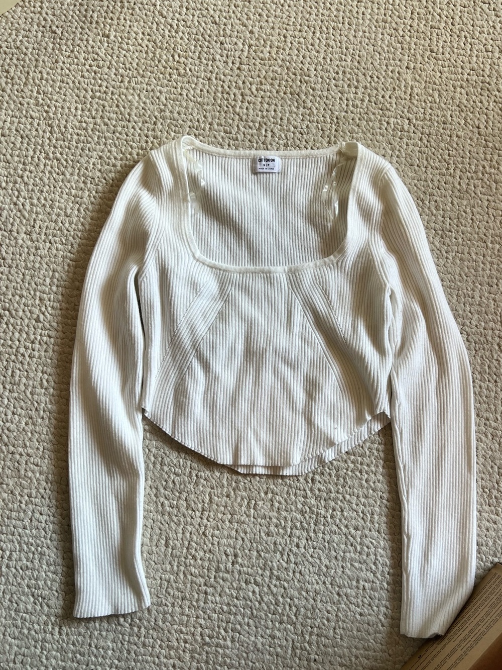 Cotton On Cream Ribbed Square Neck Long Sleeve Top